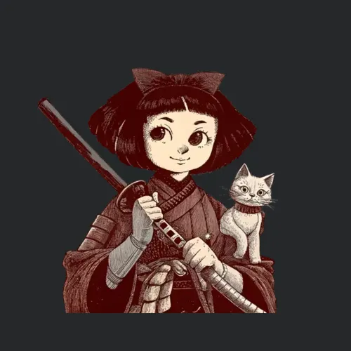 Chibi Samurai Warrior Cat Companion And Blossoms