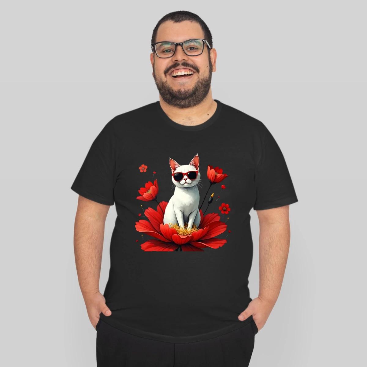 Playful White Cat With Red Flowers