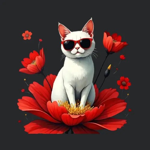 Playful White Cat With Red Flowers