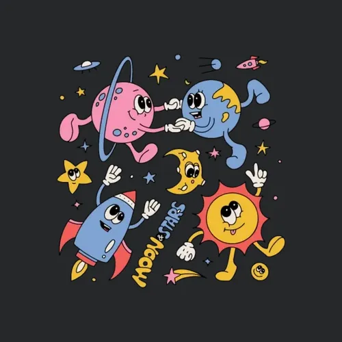 Solar System Planets Moon Sun Saturn Cute Groovy