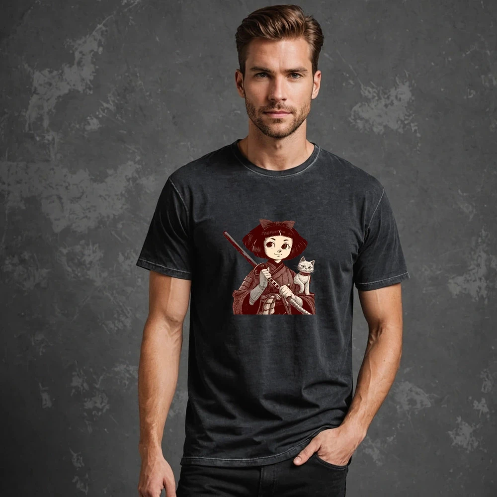 Chibi Samurai Warrior Cat Companion And Blossoms